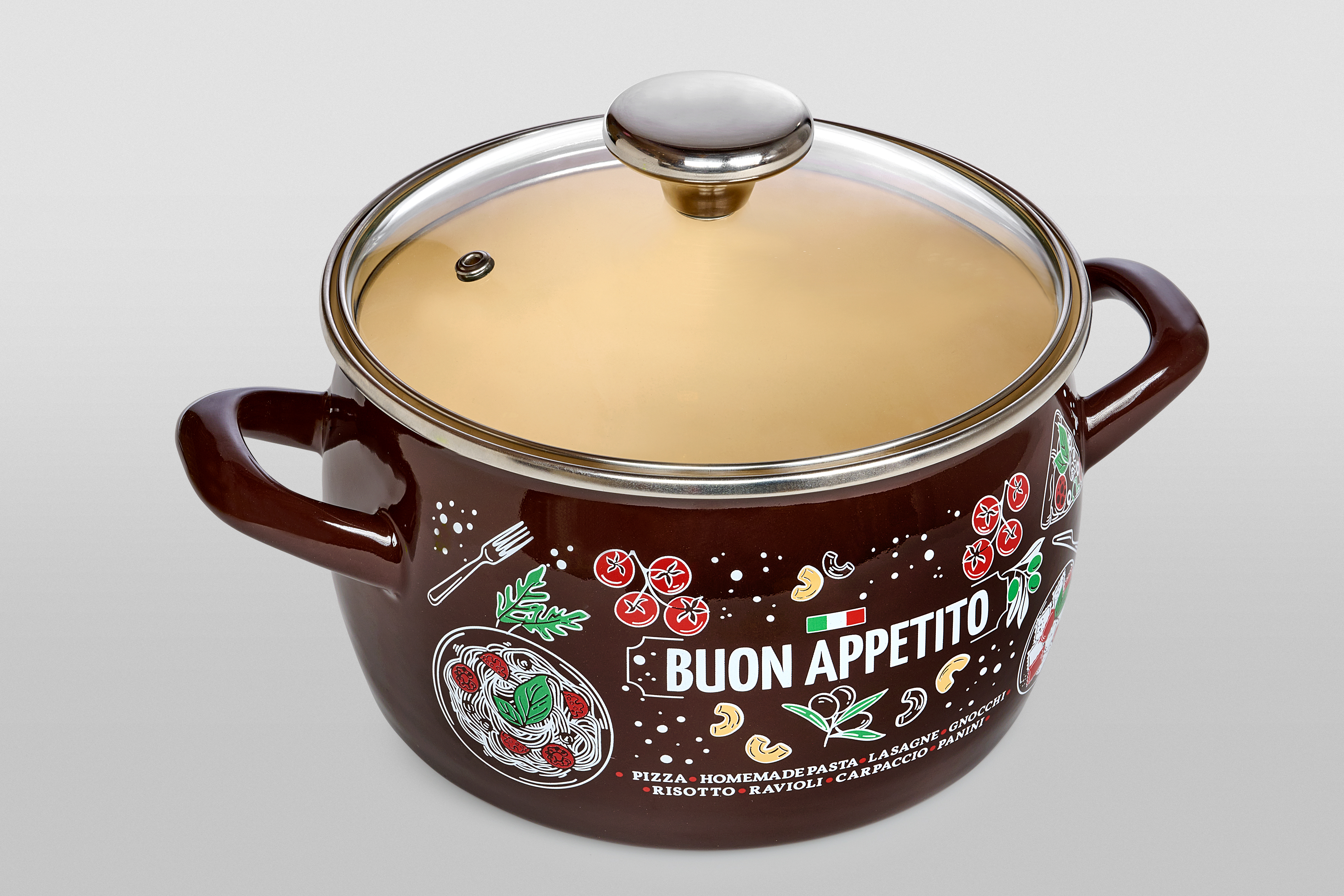 Набор посуды 6/1: кастрюли глубокие эмалированные со стеклянными крышками: 2.2 л, 3.1 л, 5.4 л