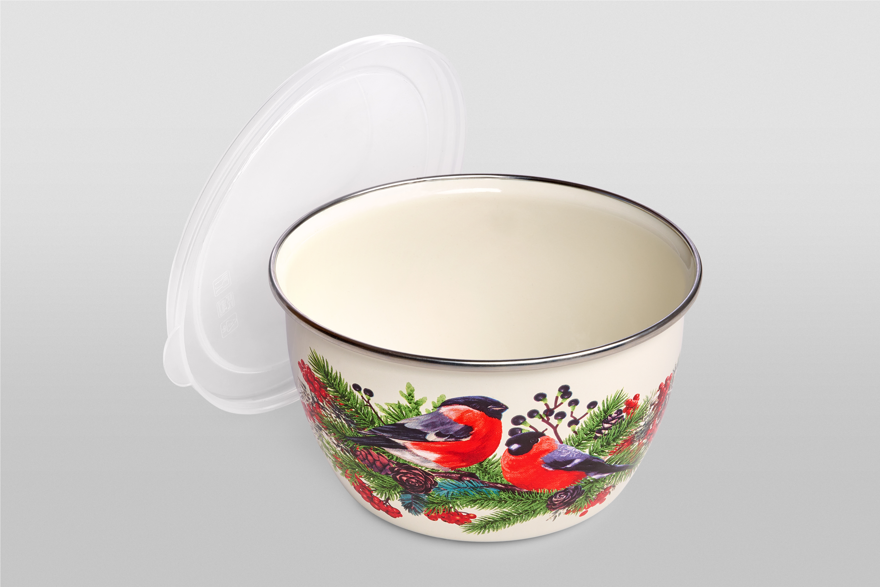 Миска эмалированная без ручек с пластиковой крышкой, 2.4 л