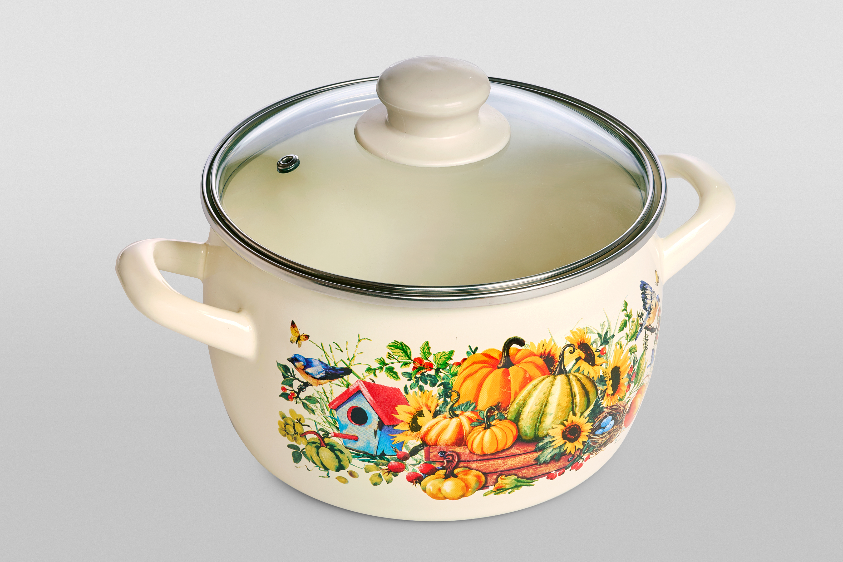 Кастрюля глубокая эмалированная со стеклянной крышкой, 3.3 л