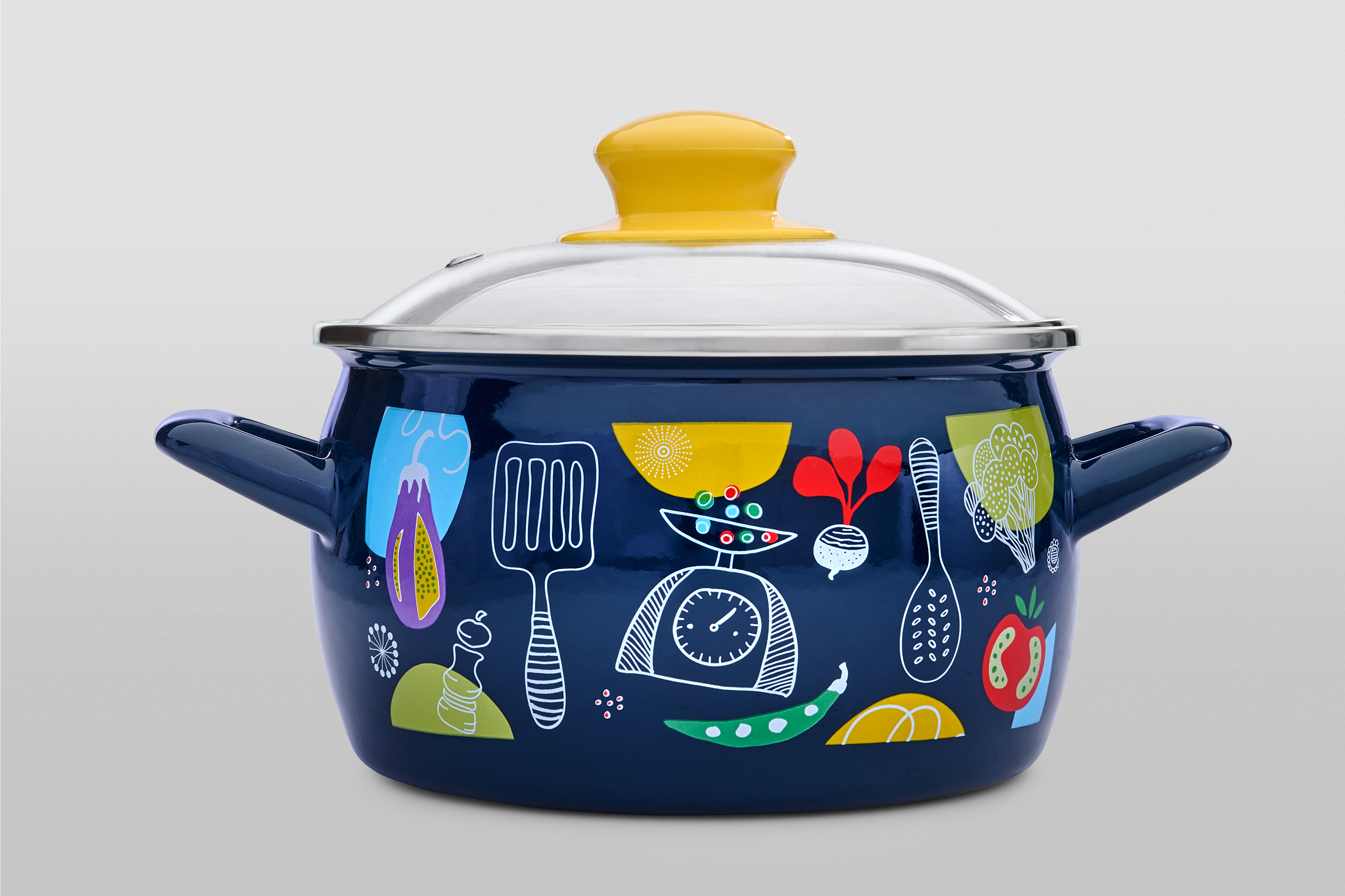 Кастрюля глубокая эмалированная со стеклянной крышкой, 2.2 л