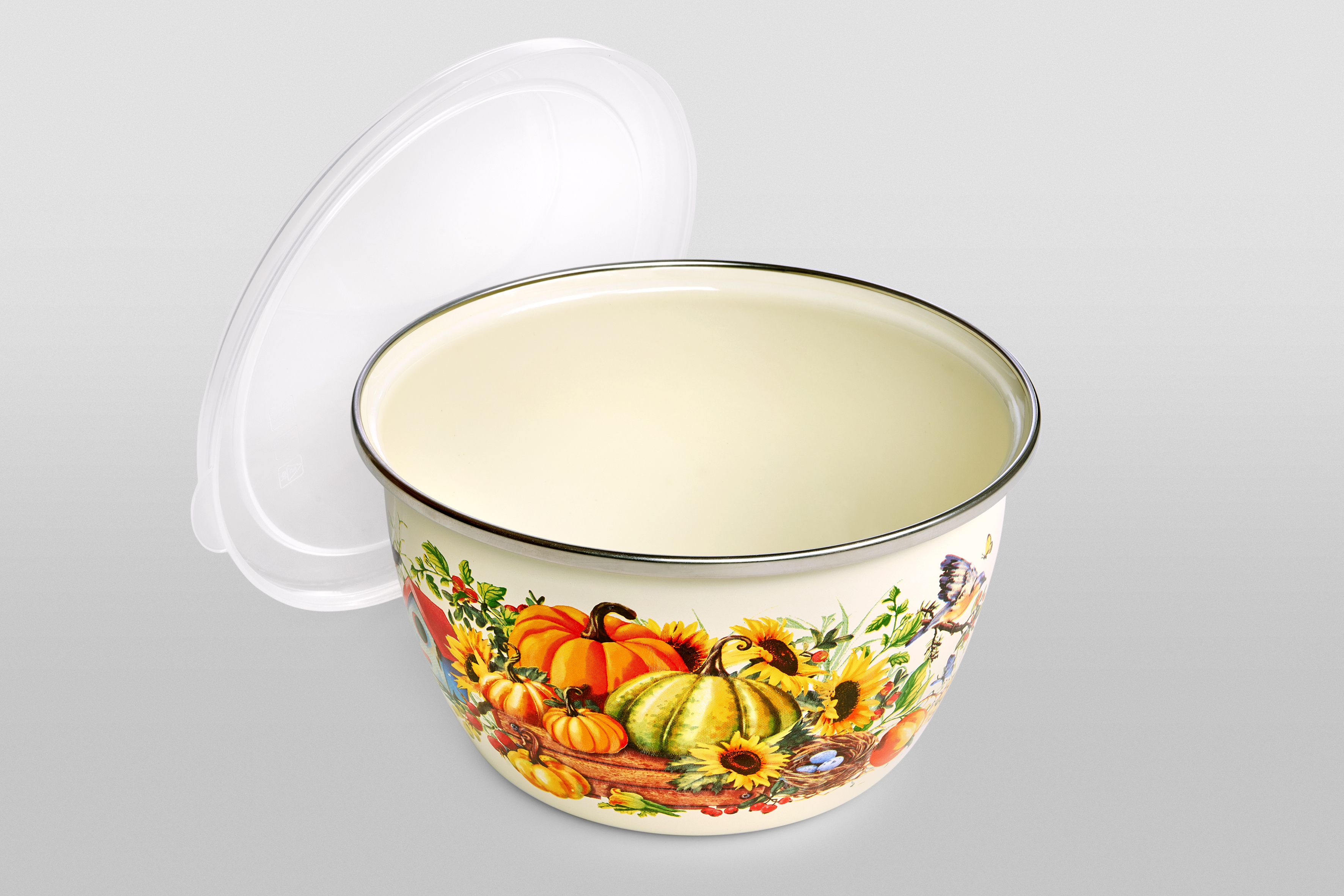 Миска эмалированная без ручек с пластиковой крышкой, 1.1 л