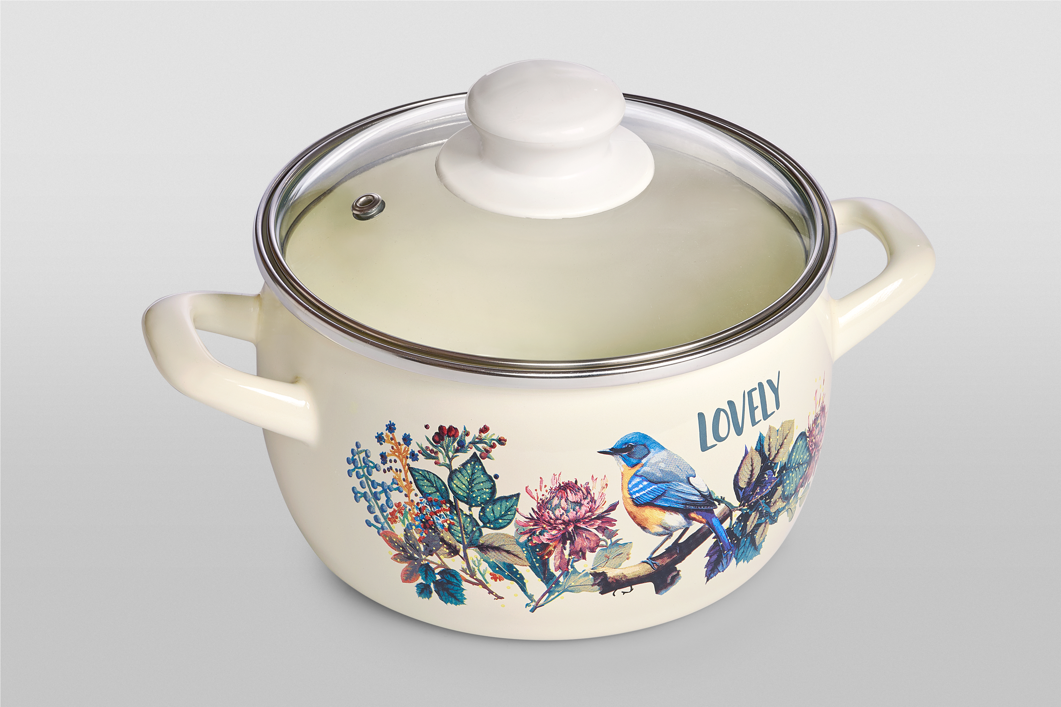 Кастрюля глубокая эмалированная со стеклянной крышкой, 2.2 л