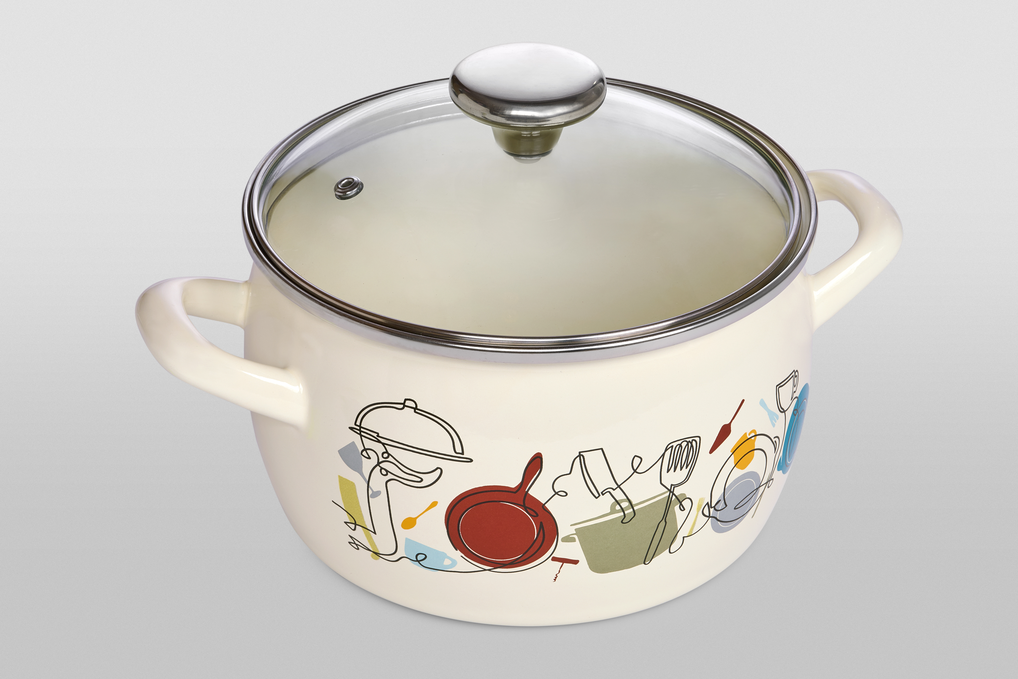 Кастрюля глубокая эмалированная со стеклянной крышкой, 3.1 л