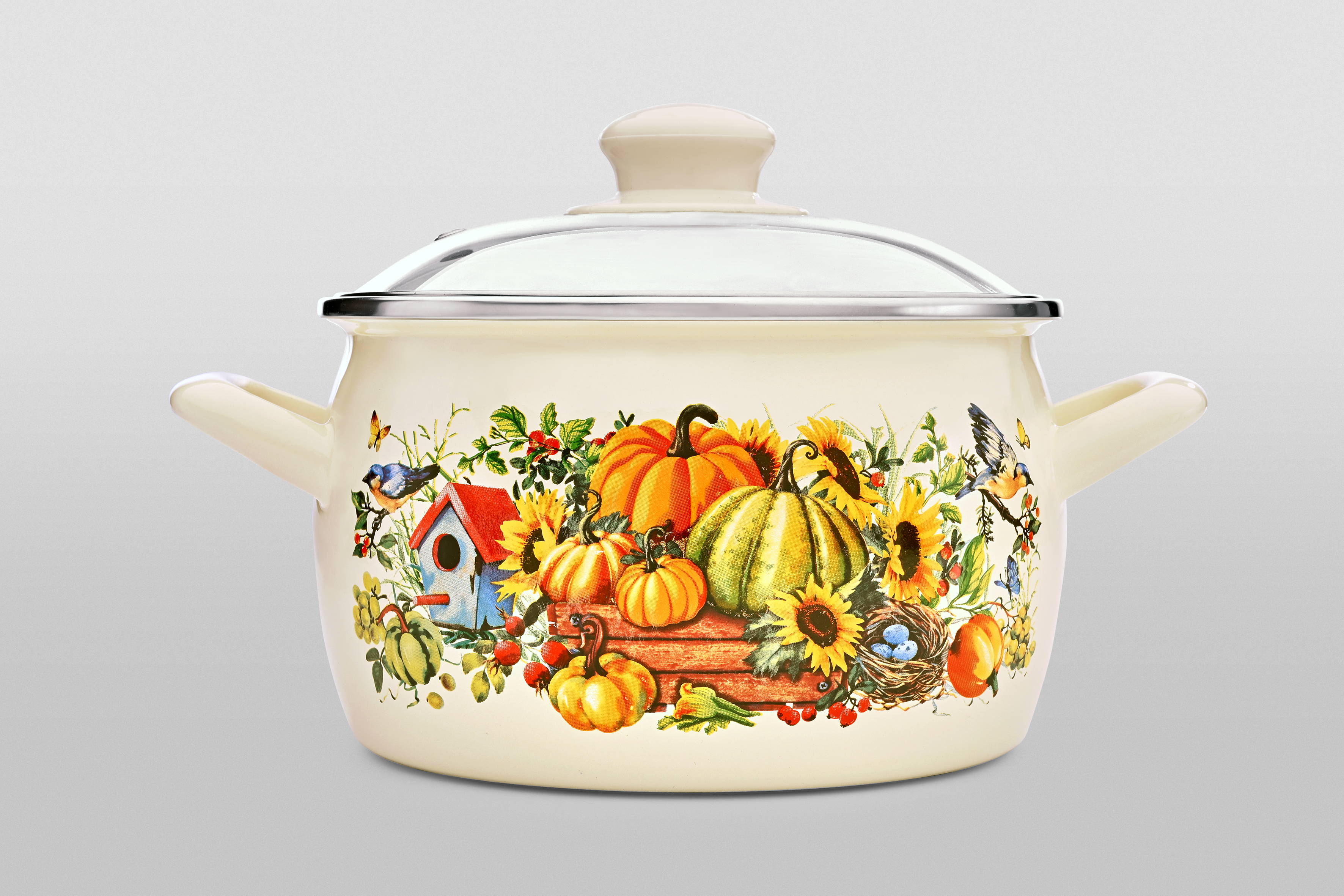 Кастрюля глубокая эмалированная со стеклянной крышкой, 5.7 л