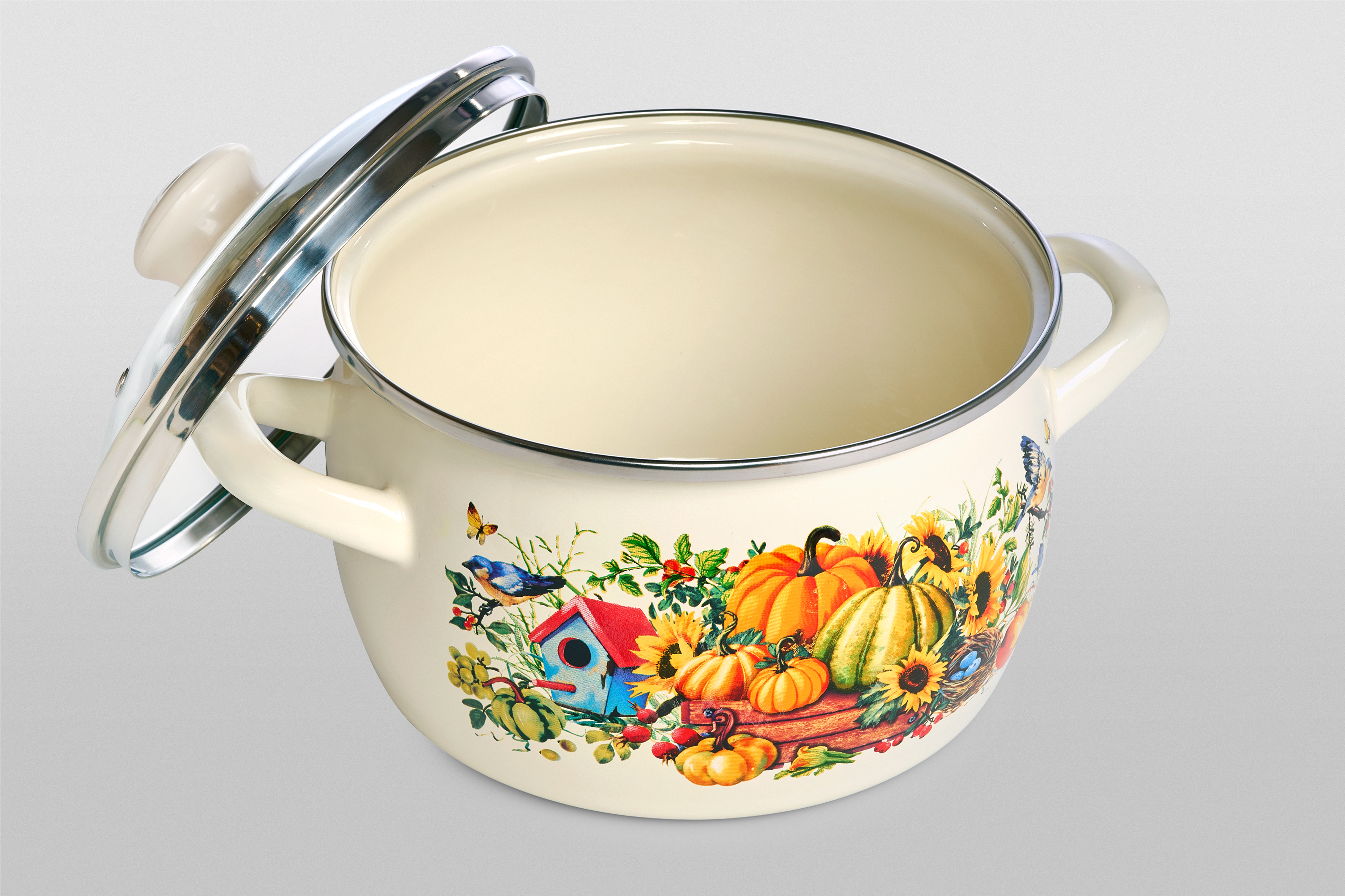 Кастрюля глубокая эмалированная со стеклянной крышкой, 5.7 л