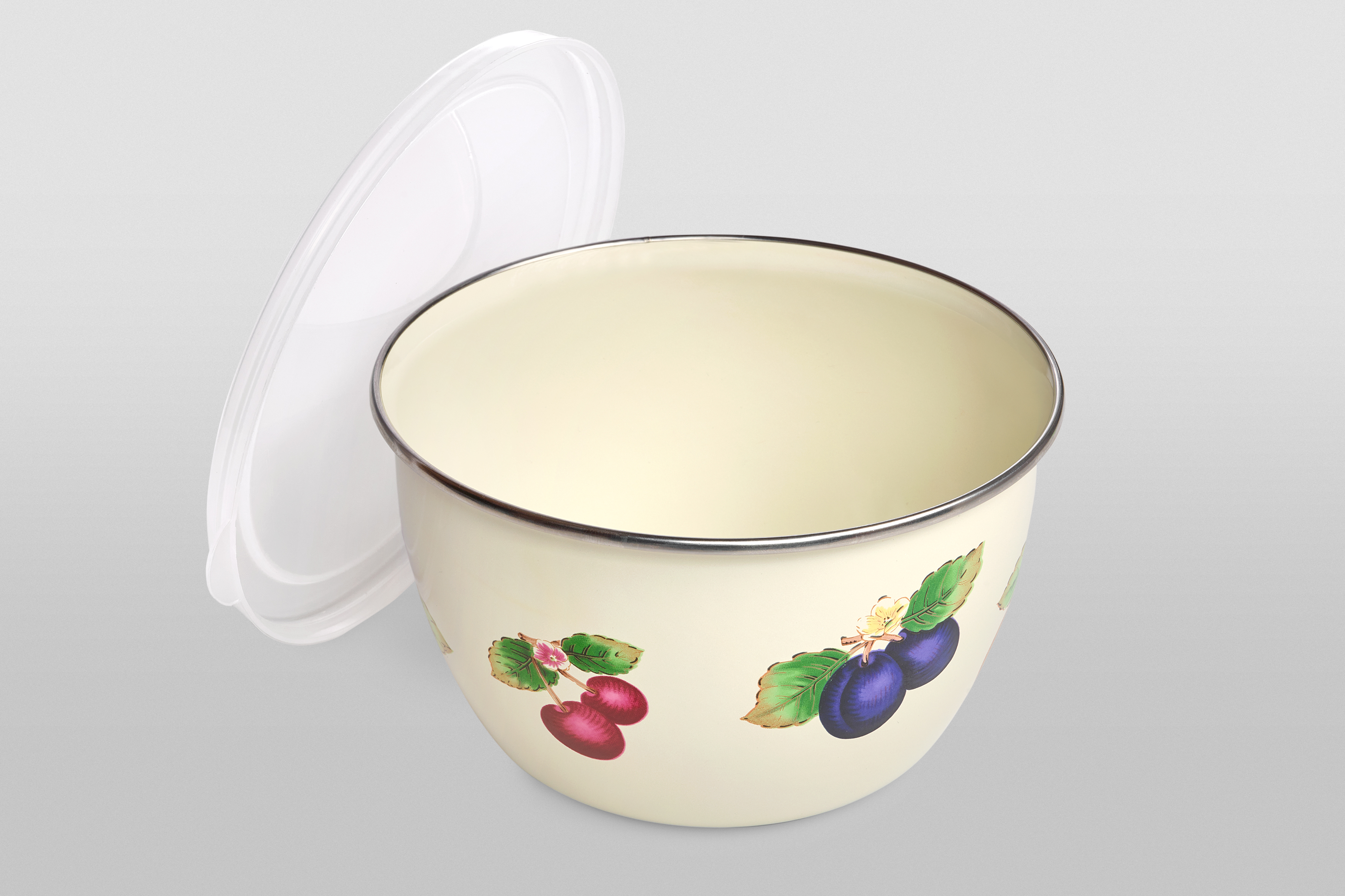 Миска эмалированная без ручек с пластиковой крышкой, 2.4 л