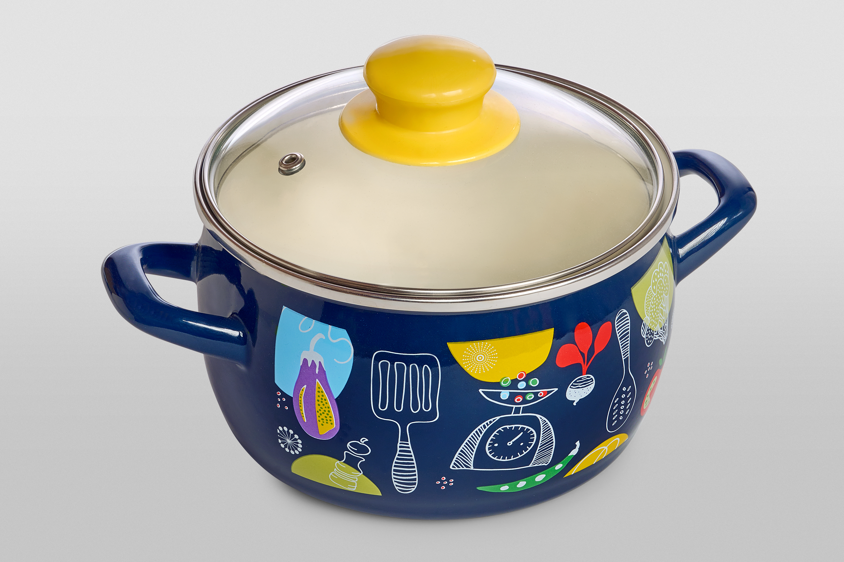 Кастрюля глубокая эмалированная со стеклянной крышкой, 2.2 л