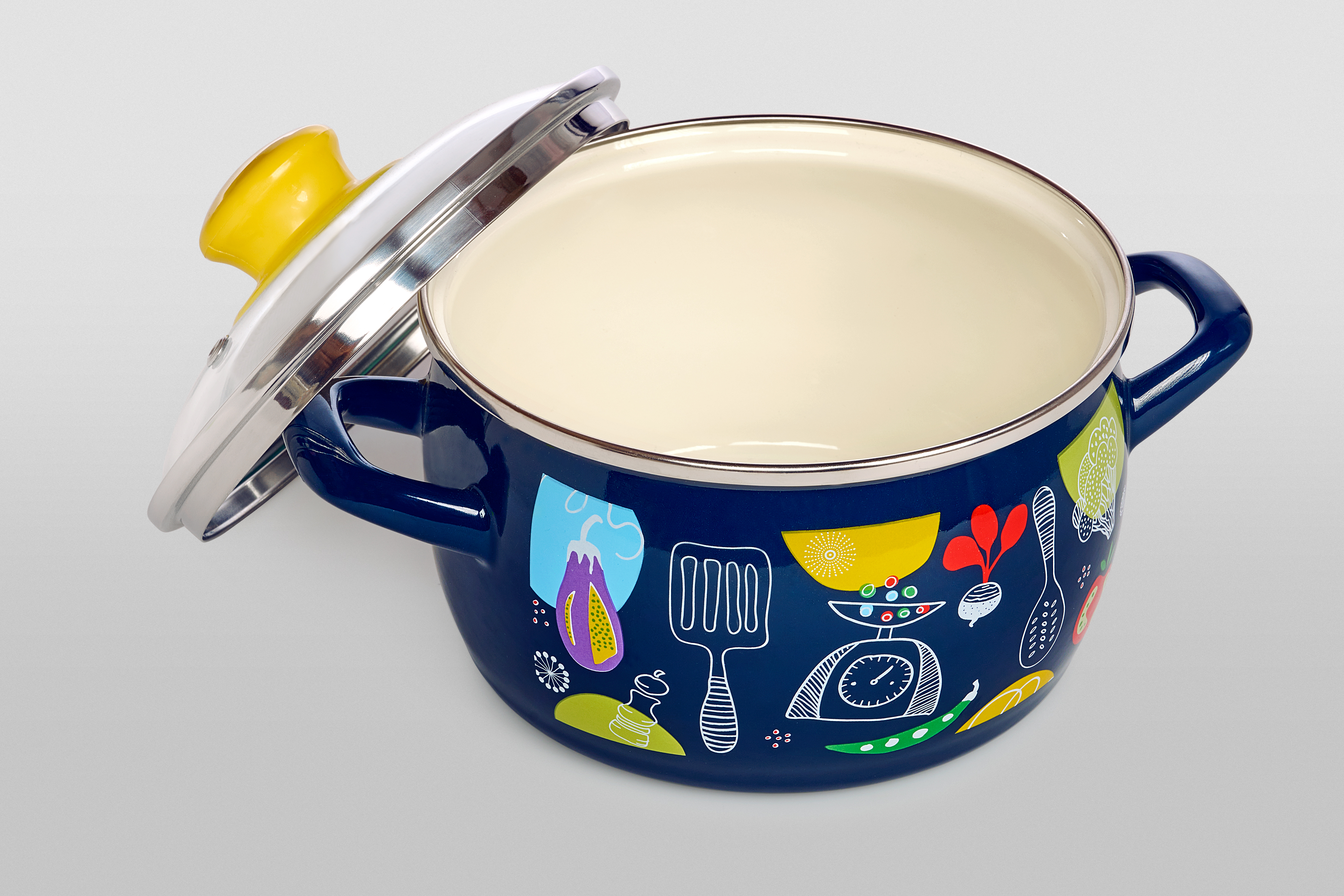 Набор посуды 6/1: кастрюли глубокие эмалированные со стеклянными крышками: 2.2 л, 3.1 л, 5.4 л