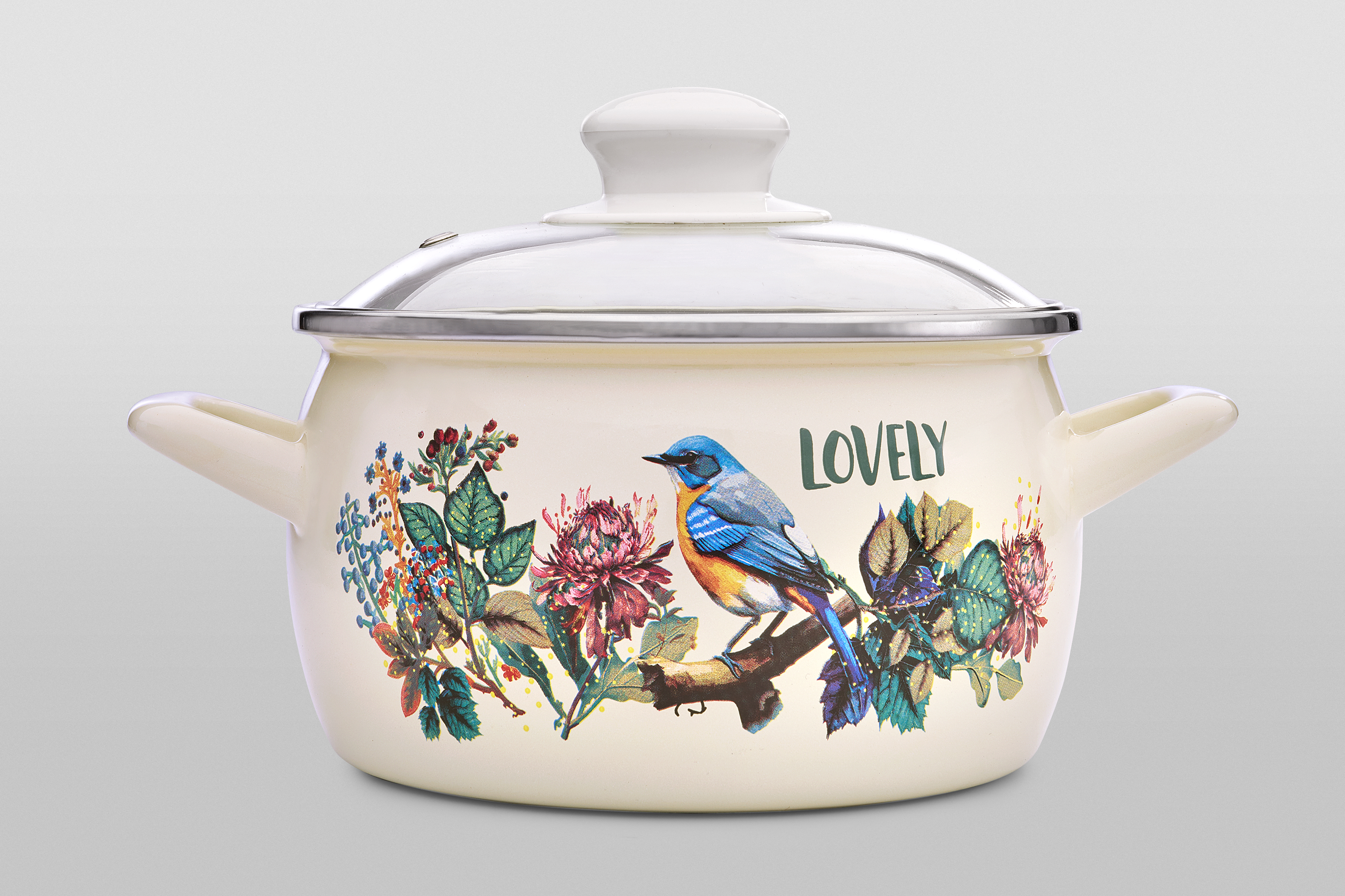 Кастрюля глубокая эмалированная со стеклянной крышкой, 2.2 л