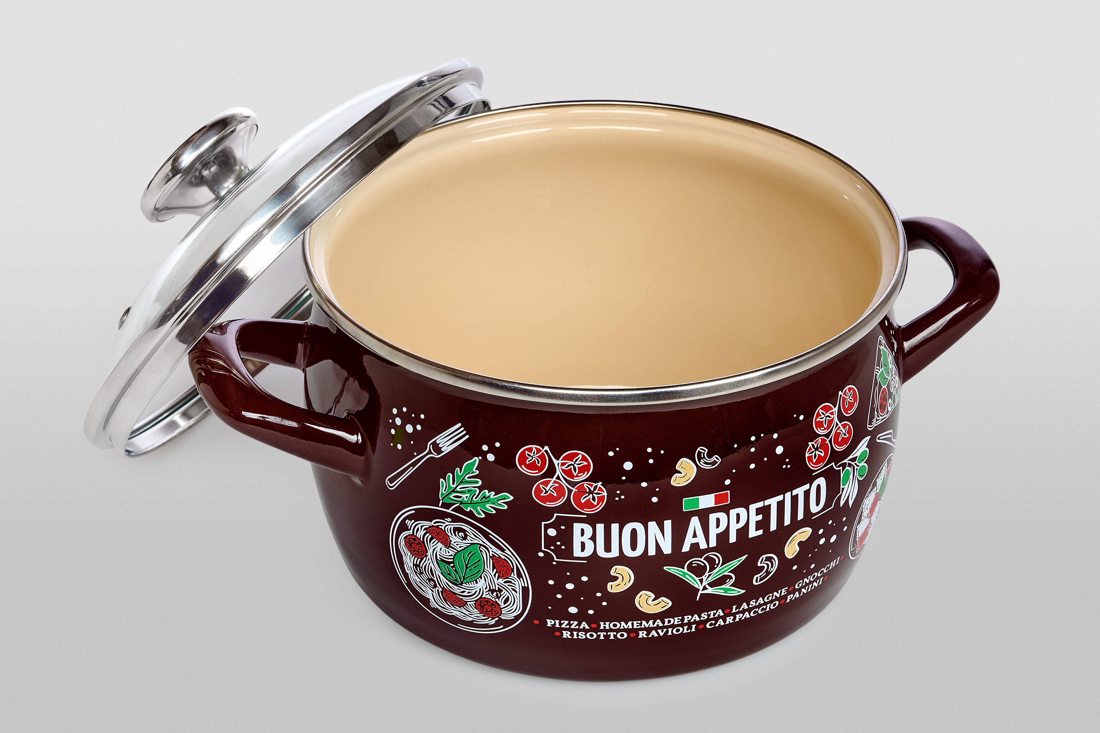 Кастрюля глубокая эмалированная со стеклянной крышкой, 5.4 л