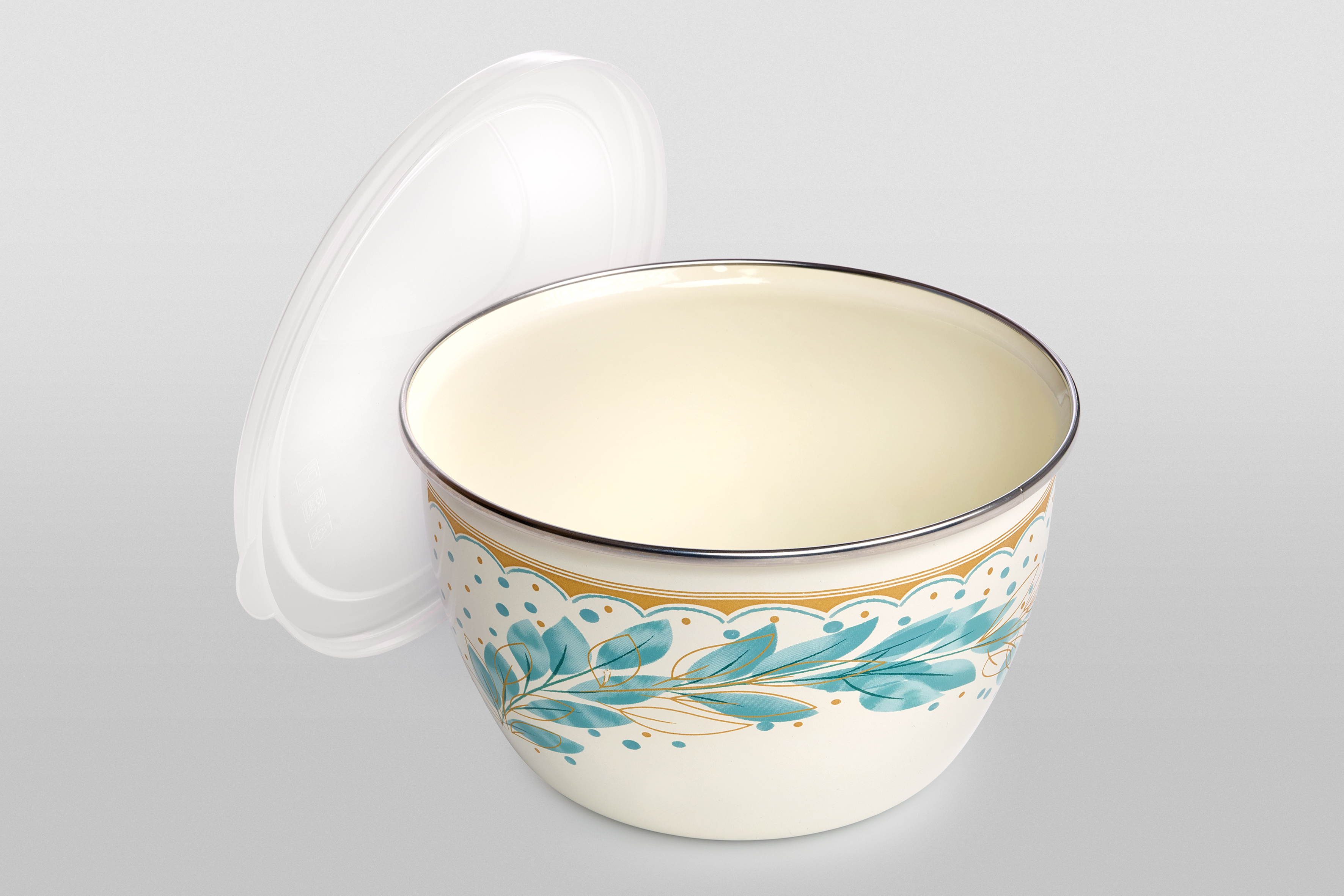 Миска эмалированная без ручек с пластиковой крышкой, 1.7 л