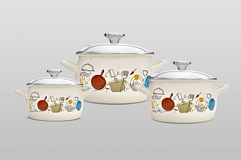 Набор посуды 6/1: кастрюли глубокие эмалированные со стеклянными крышками: 2.2 л, 3.1 л, 5.4 л