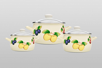 Набор посуды 6/1: кастрюли глубокие эмалированные со стеклянными крышками: 2.2 л, 3.1 л, 5.4 л
